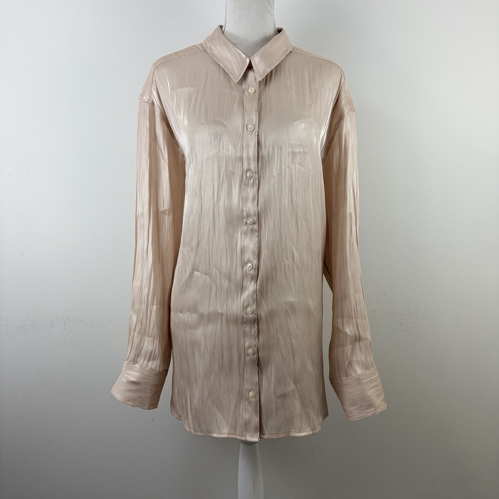 By Anthropologie XL Creme Crinkle Satin Button Down Blouse Long Sleeve Shirt NWT